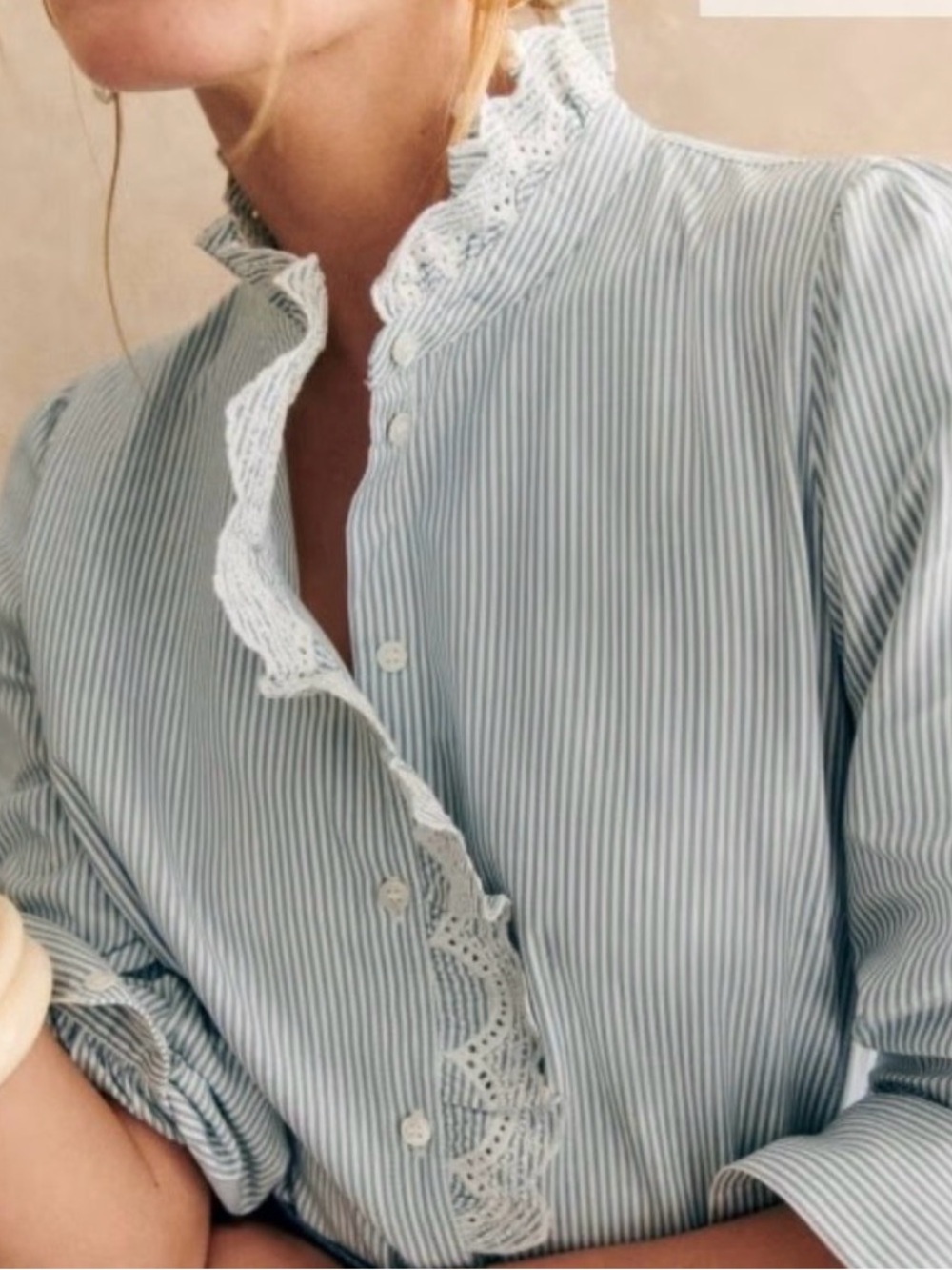 Sezane Blue and White Pinstripe Ruffled Lace Button-Down Blouse